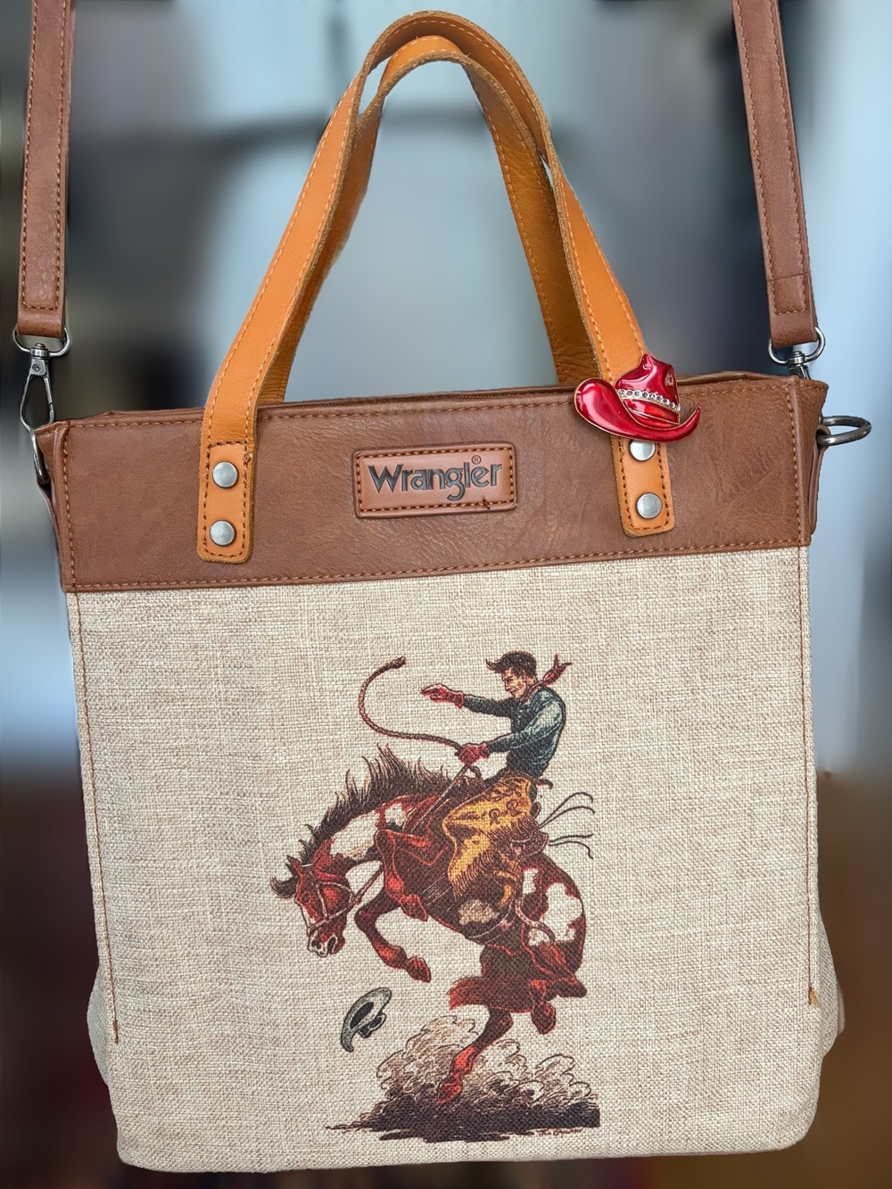Wrangler Canvas Bucking Bronc Tote, PV Trim,leather handles, Xbody strap, unworn - Picture 3 of 14